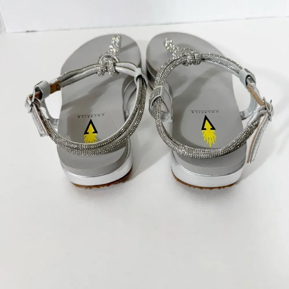 VOLATILE Womens Calypso Knotted Silver Rhinestones Embellished Wedge Sandal Sz 8